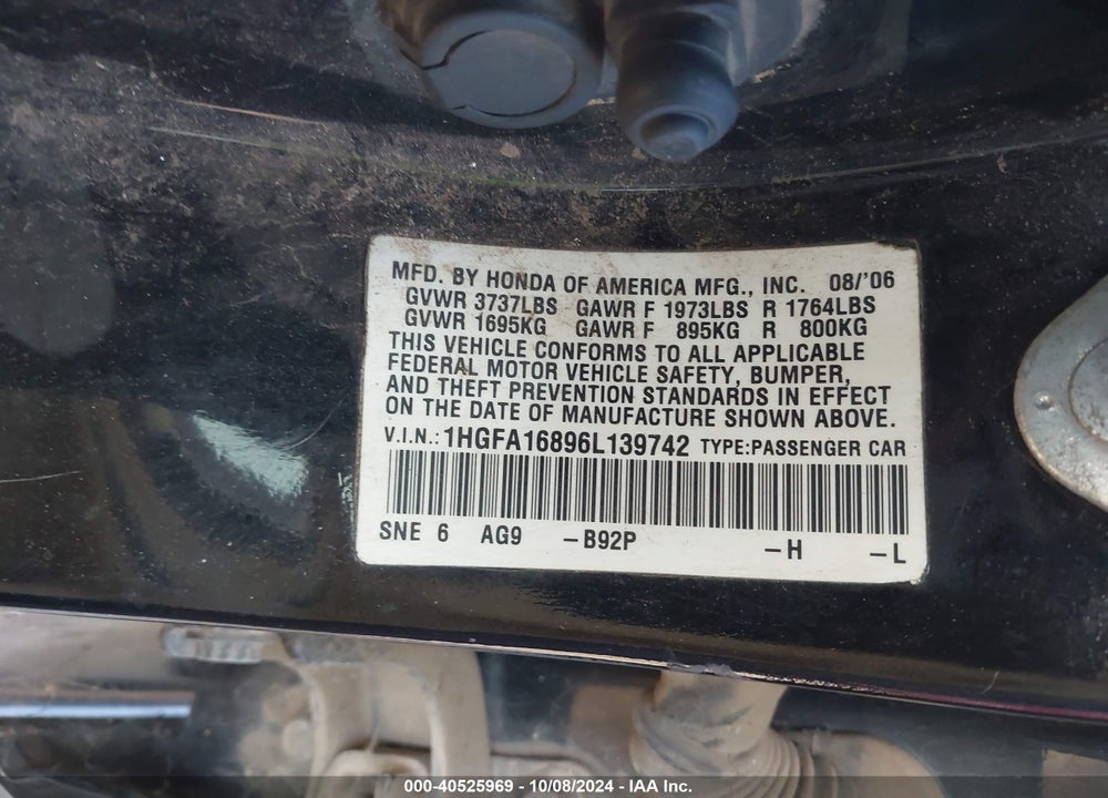 2006 HONDA CIVIC EX VIN: 1HGFA16896L139742