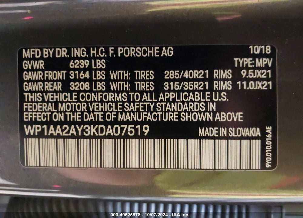 2019 PORSCHE CAYENNE VIN: WP1AA2AY3KDA07519