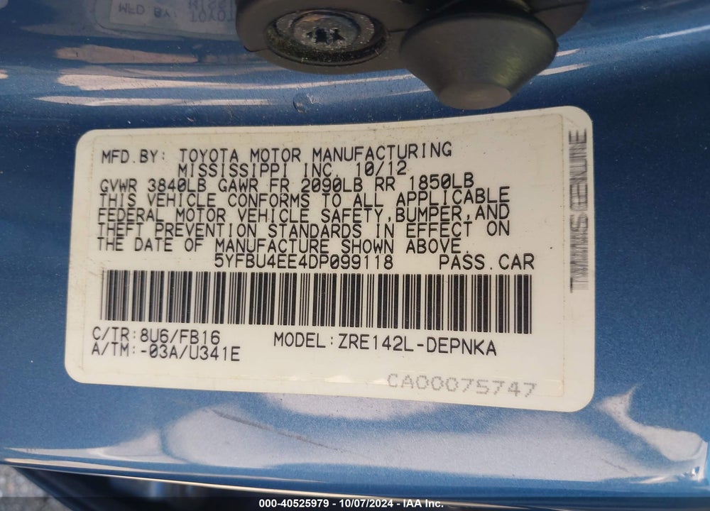 2013 TOYOTA COROLLA LE VIN: 5YFBU4EE4DP099118