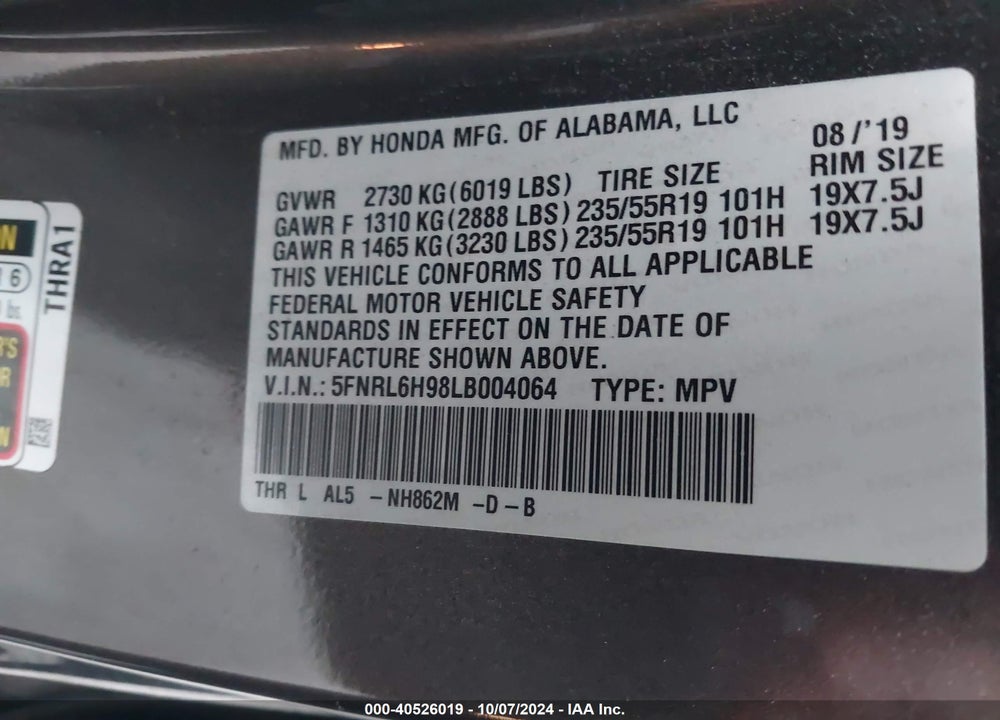 2020 HONDA ODYSSEY ELITE VIN: 5FNRL6H98LB004064