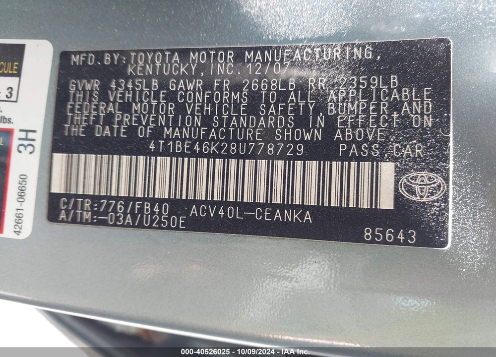 2008 TOYOTA CAMRY LE VIN: 4T1BE46K28U778729