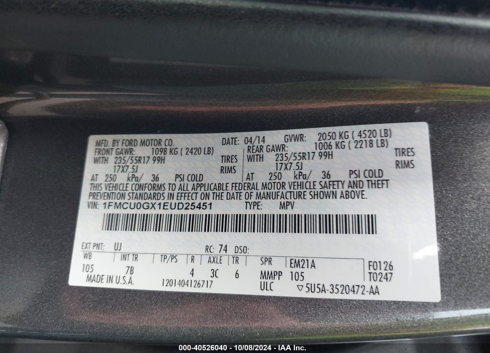 2014 FORD ESCAPE SE VIN: 1FMCU0GX1EUD25451