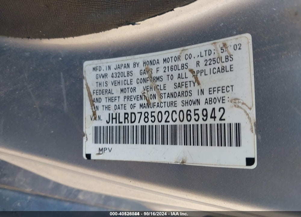 2002 HONDA CR-V LX VIN: JHLRD78502C065942