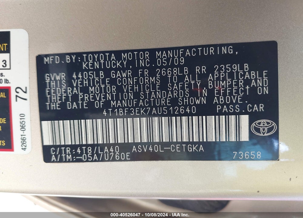 2010 TOYOTA CAMRY XLE VIN: 4T1BF3EK7AU512640