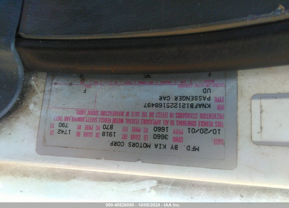 2002 KIA SPECTRA LS VIN: KNAFB121225168497