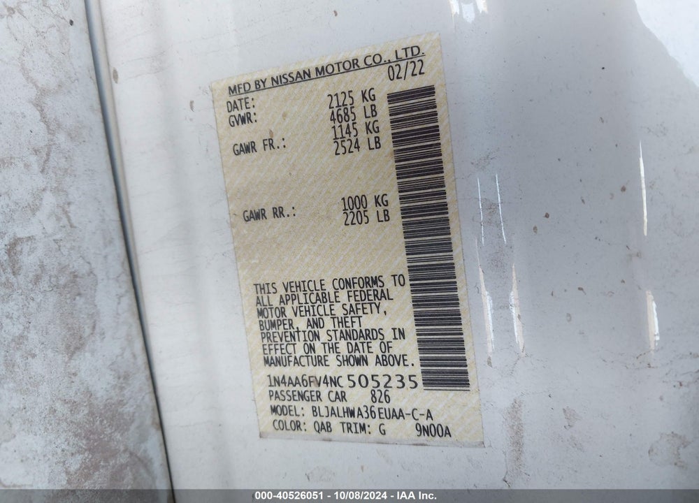 2022 NISSAN MAXIMA VIN: 1N4AA6FV4NC505235