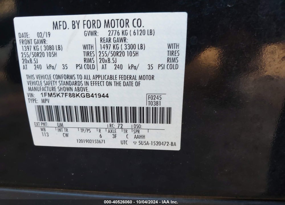 2019 FORD EXPLORER LIMITED VIN: 1FM5K7F88KGB41944