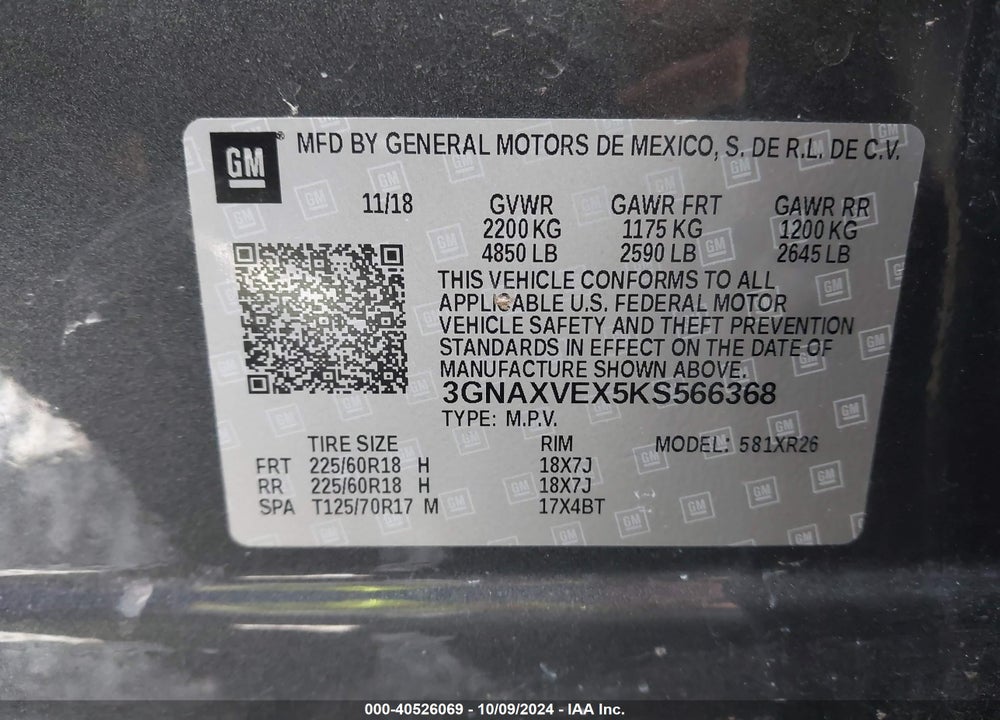 2019 CHEVROLET EQUINOX LT VIN: 3GNAXVEX5KS566368