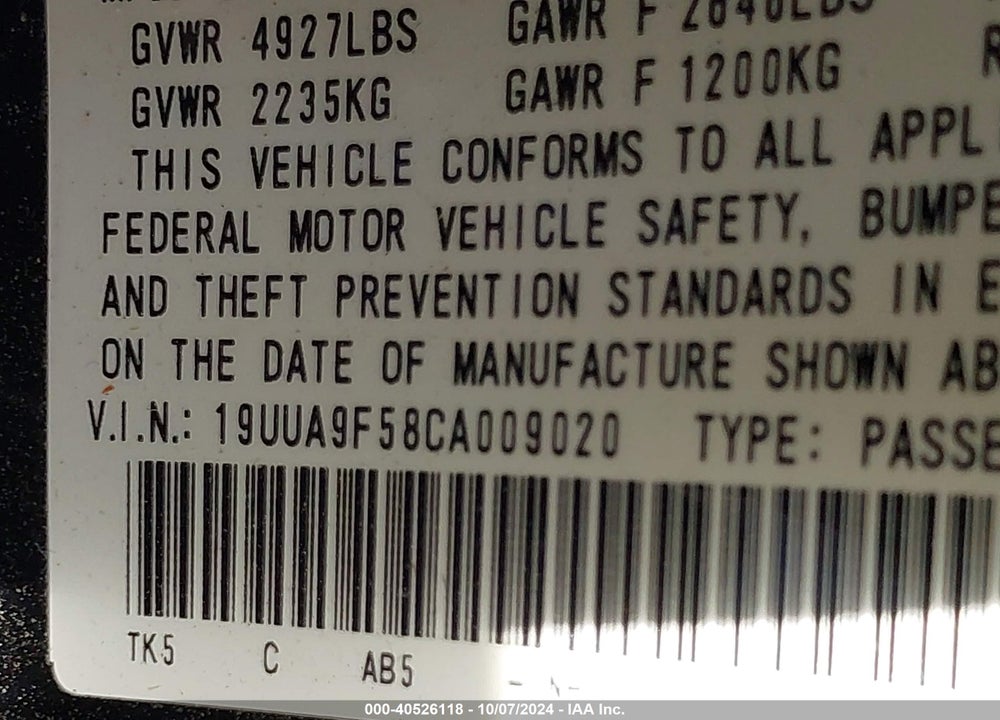 2012 ACURA TL 3.7 VIN: 19UUA9F58CA009020