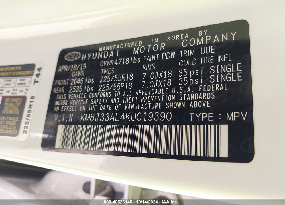 2019 HYUNDAI TUCSON ULTIMATE VIN: KM8J33AL4KU019390