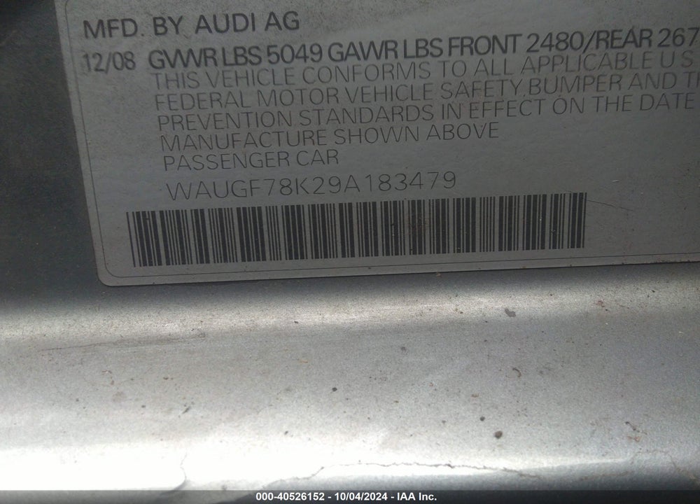 2009 AUDI A4 2.0T AVANT VIN: WAUGF78K29A183479