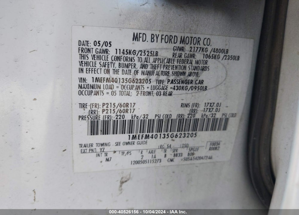 2005 MERCURY MONTEGO LUXURY VIN: 1MEFM40135G623205