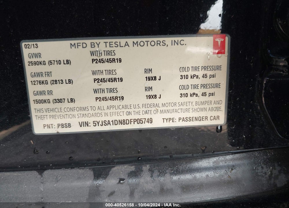 2013 TESLA MODEL S VIN: 5YJSA1DN8DFP05749
