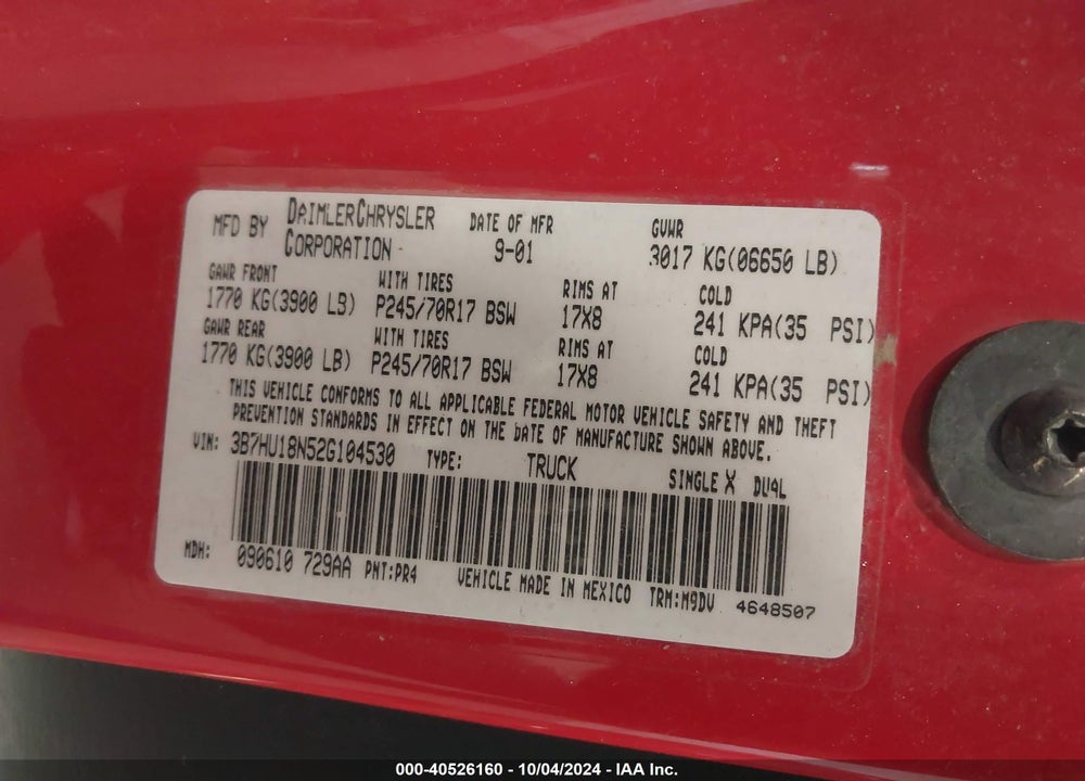 2002 DODGE RAM 1500 ST VIN: 3B7HU18N52G104530