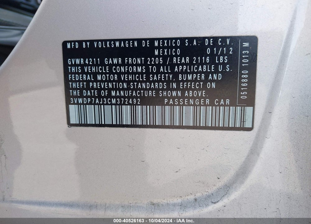 2012 VOLKSWAGEN JETTA 2.5L SE VIN: 3VWDP7AJ3CM372492