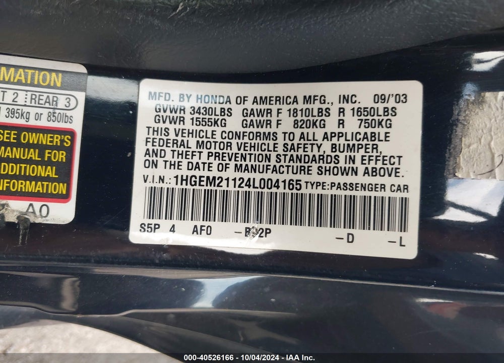 2004 HONDA CIVIC VP VIN: 1HGEM21124L004165