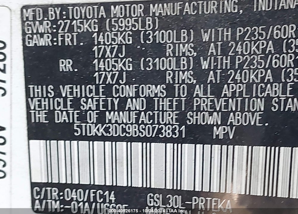 2011 TOYOTA SIENNA LE V6 VIN: 5TDKK3DC9BS073831
