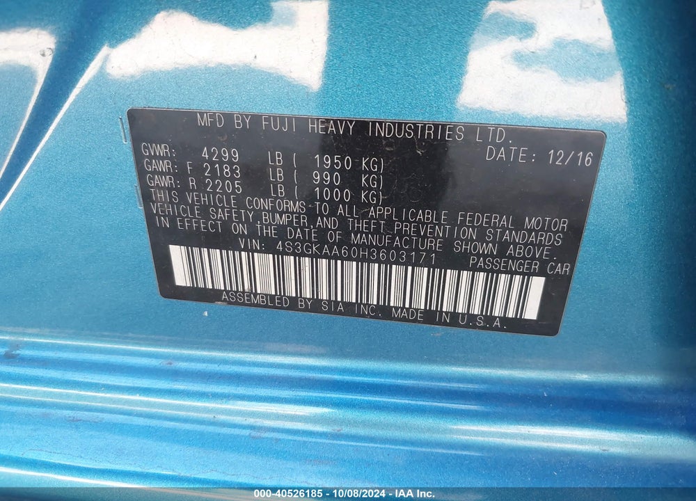 2017 SUBARU IMPREZA 2.0I VIN: 4S3GKAA60H3603171