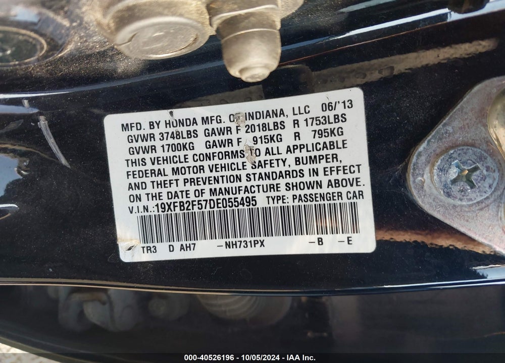2013 HONDA CIVIC LX VIN: 19XFB2F57DE055495