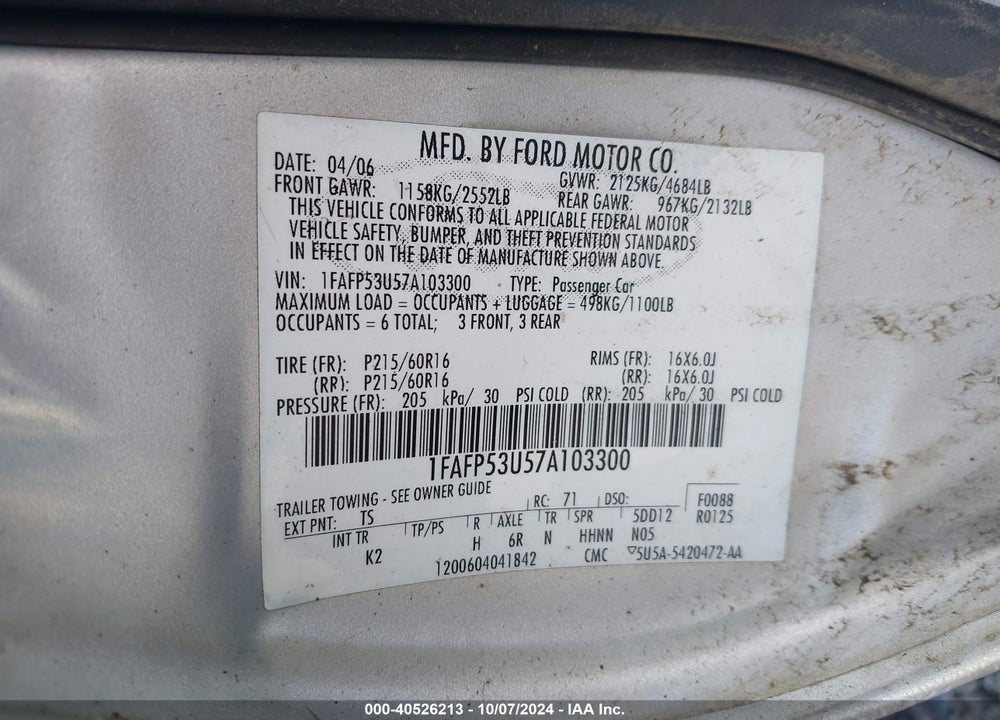 2007 FORD TAURUS SE VIN: 1FAFP53U57A103300