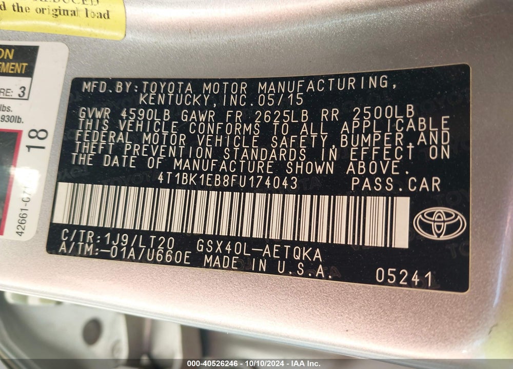 2015 TOYOTA AVALON XLE TOURING VIN: 4T1BK1EB8FU174043