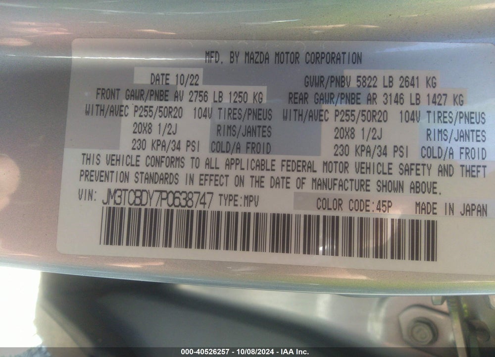 2023 MAZDA CX-9 GRAND TOURING VIN: JM3TCBDY7P0638747