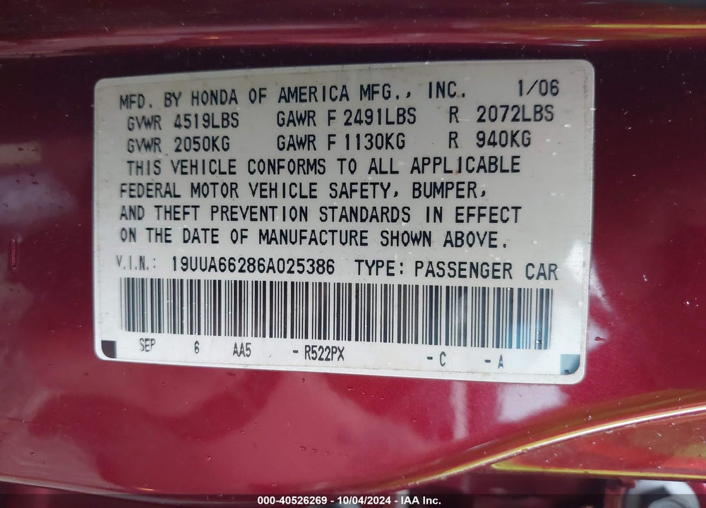 2006 ACURA TL VIN: 19UUA66286A025386
