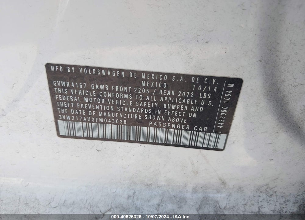 2015 VOLKSWAGEN GOLF TSI SE 4-DOOR VIN: 3VW217AU3FM043038