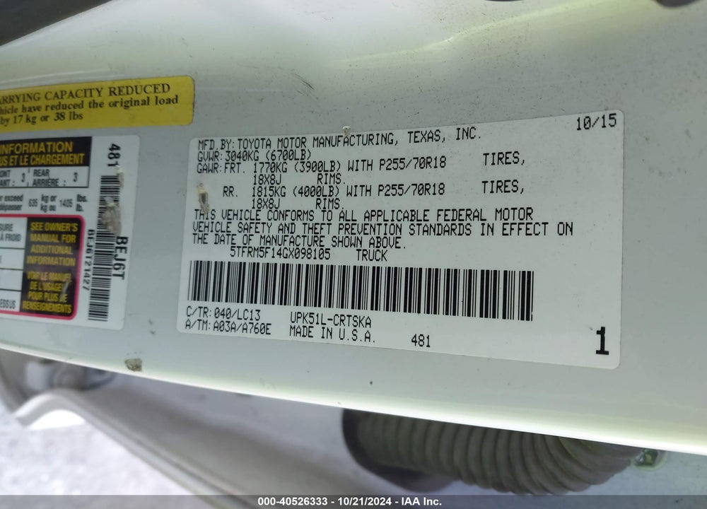 2016 TOYOTA TUNDRA SR 4.6L V8 VIN: 5TFRM5F14GX098105