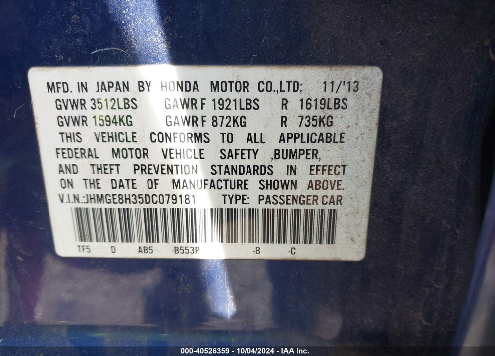 2013 HONDA FIT VIN: JHMGE8H35DC079181
