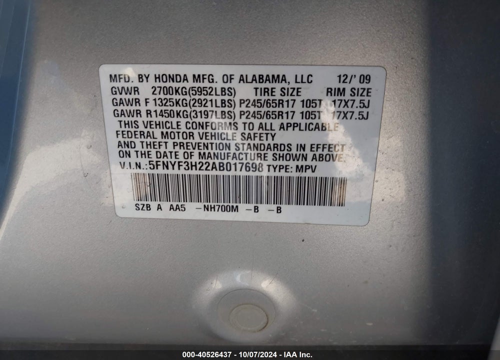 2010 HONDA PILOT LX VIN: 5FNYF3H22AB017698
