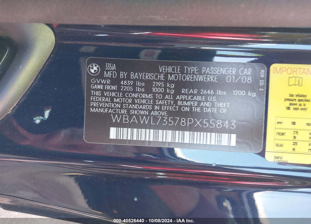 2008 BMW 335I VIN: WBAWL73578PX55843