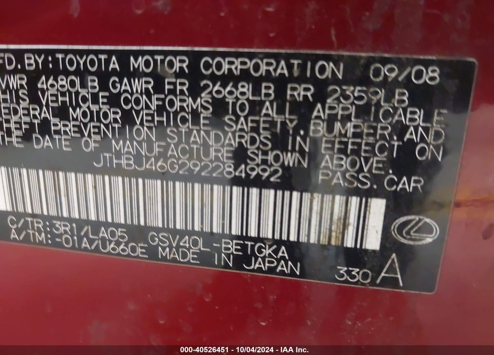 2009 LEXUS ES 350 VIN: JTHBJ46G292284992