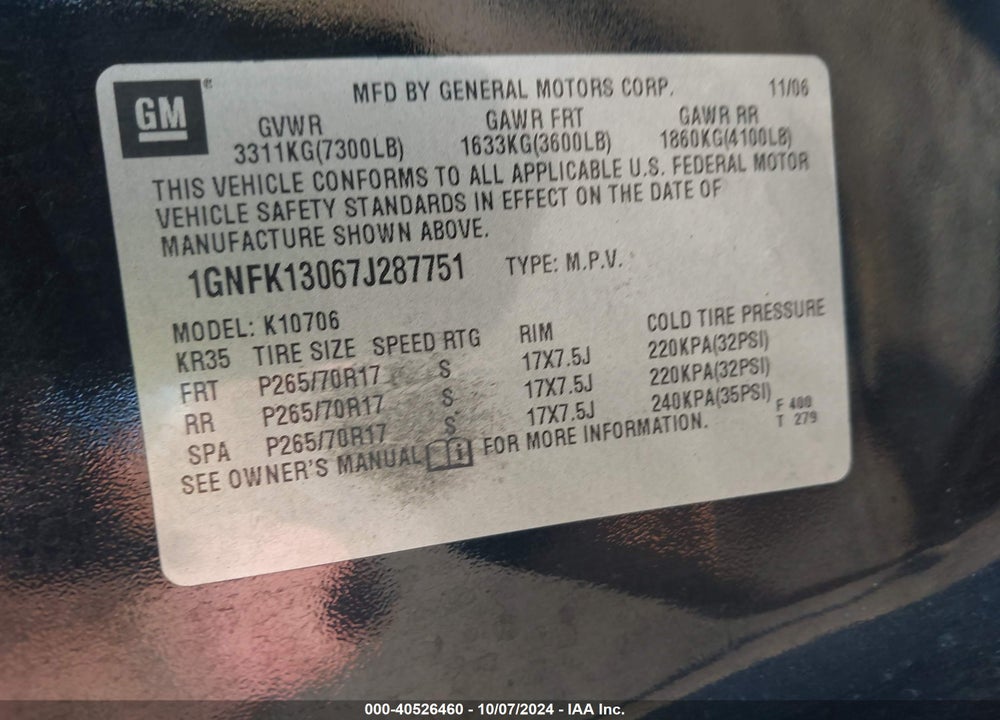 2007 CHEVROLET TAHOE LS VIN: 1GNFK13067J287751