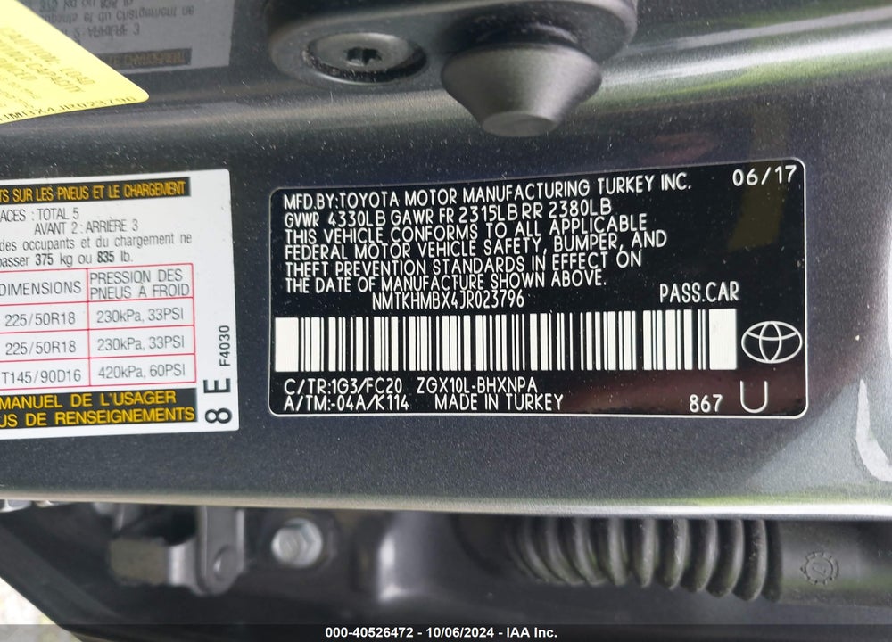 2018 TOYOTA C-HR XLE PREMIUM VIN: NMTKHMBX4JR023796