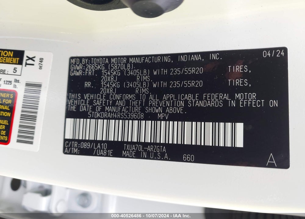 2024 TOYOTA HIGHLANDER PLATINUM VIN: 5TDKDRAH4RS539608