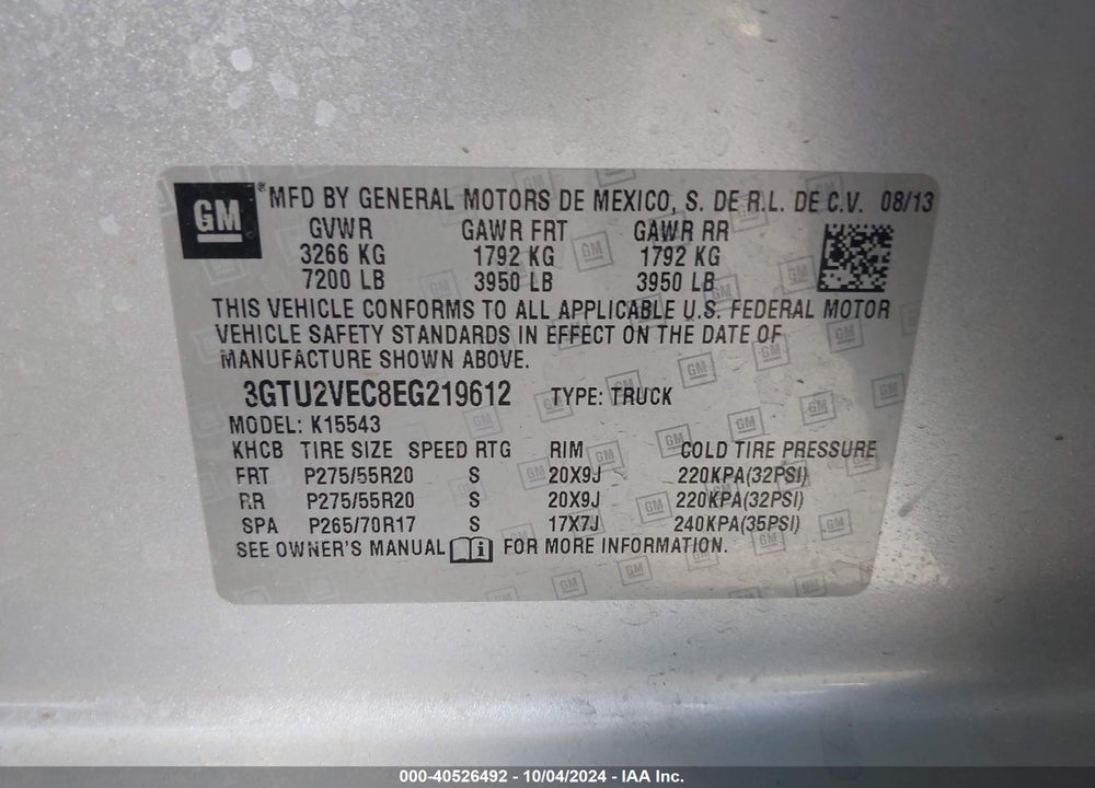 2014 GMC SIERRA 1500 SLT VIN: 3GTU2VEC8EG219612