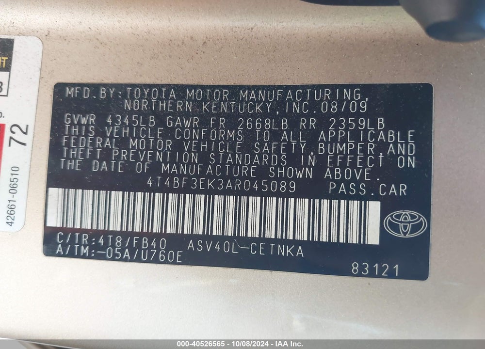 2010 TOYOTA CAMRY LE VIN: 4T4BF3EK3AR045089