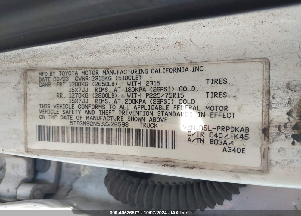 2003 TOYOTA TACOMA PRERUNNER V6 VIN: 5TEGN92N53Z226598