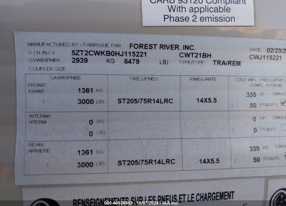2018 FOREST RIVER CLIPPER VIN: 5ZT2CWKB0HJ115221