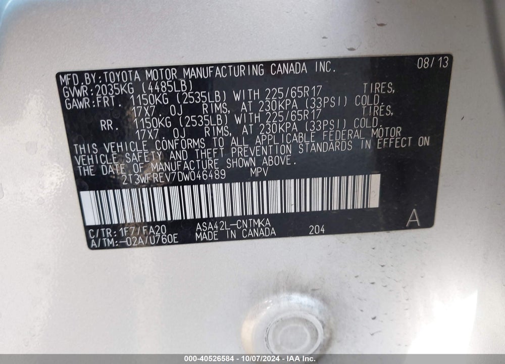 2013 TOYOTA RAV4 XLE VIN: 2T3WFREV7DW046489