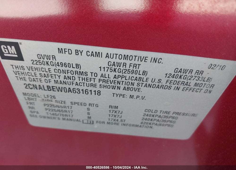 2010 CHEVROLET EQUINOX LS VIN: 2CNALBEW0A6316118