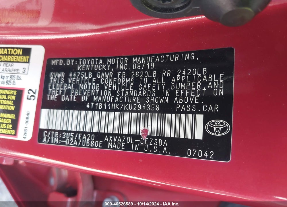 2019 TOYOTA CAMRY SE VIN: 4T1B11HK7KU294358