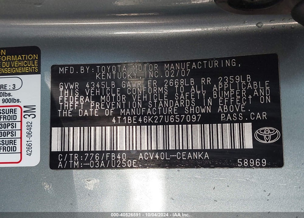 2007 TOYOTA CAMRY VIN: 4T1BE46K27U657097
