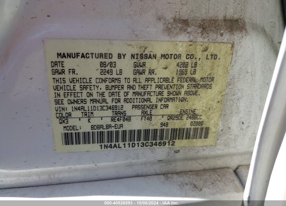 2003 NISSAN ALTIMA 2.5 S VIN: 1N4AL11D13C346912