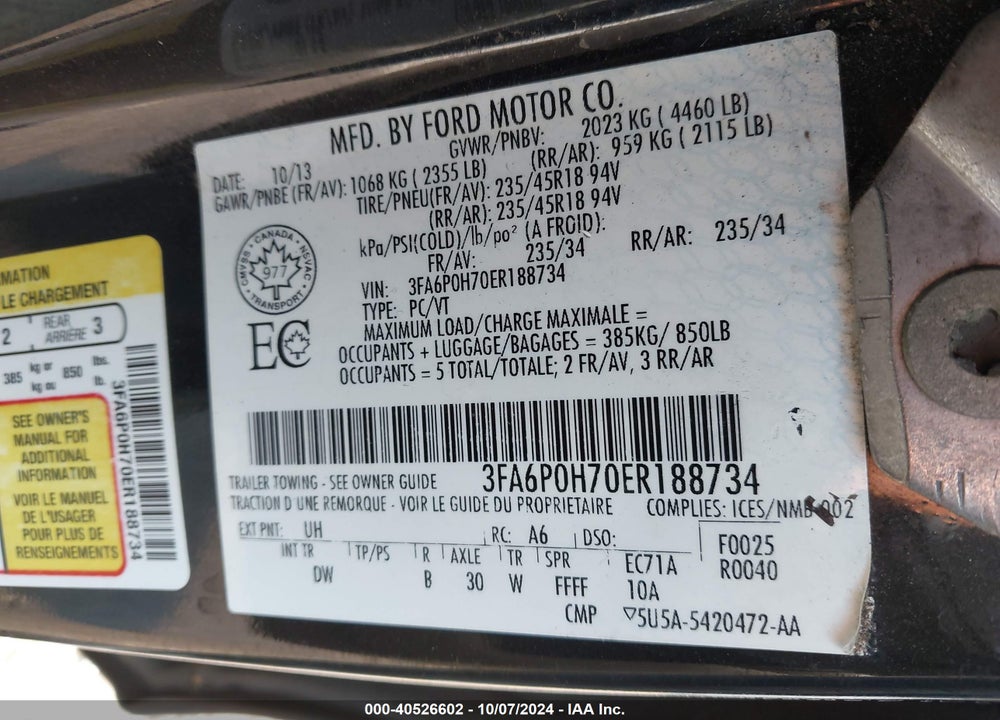 2014 FORD FUSION VIN: 3FA6P0H70ER188734