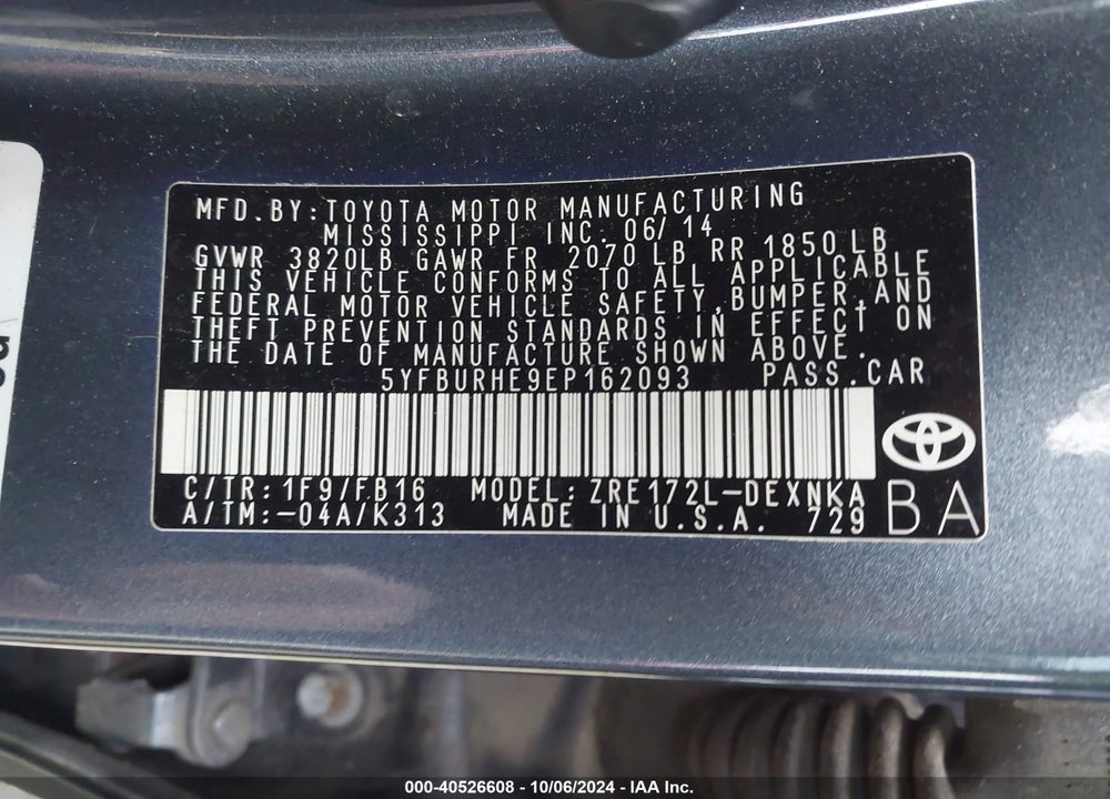 2014 TOYOTA COROLLA LE VIN: 5YFBURHE9EP162093