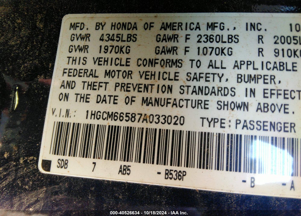2007 HONDA ACCORD 3.0 EX VIN: 1HGCM66587A033020