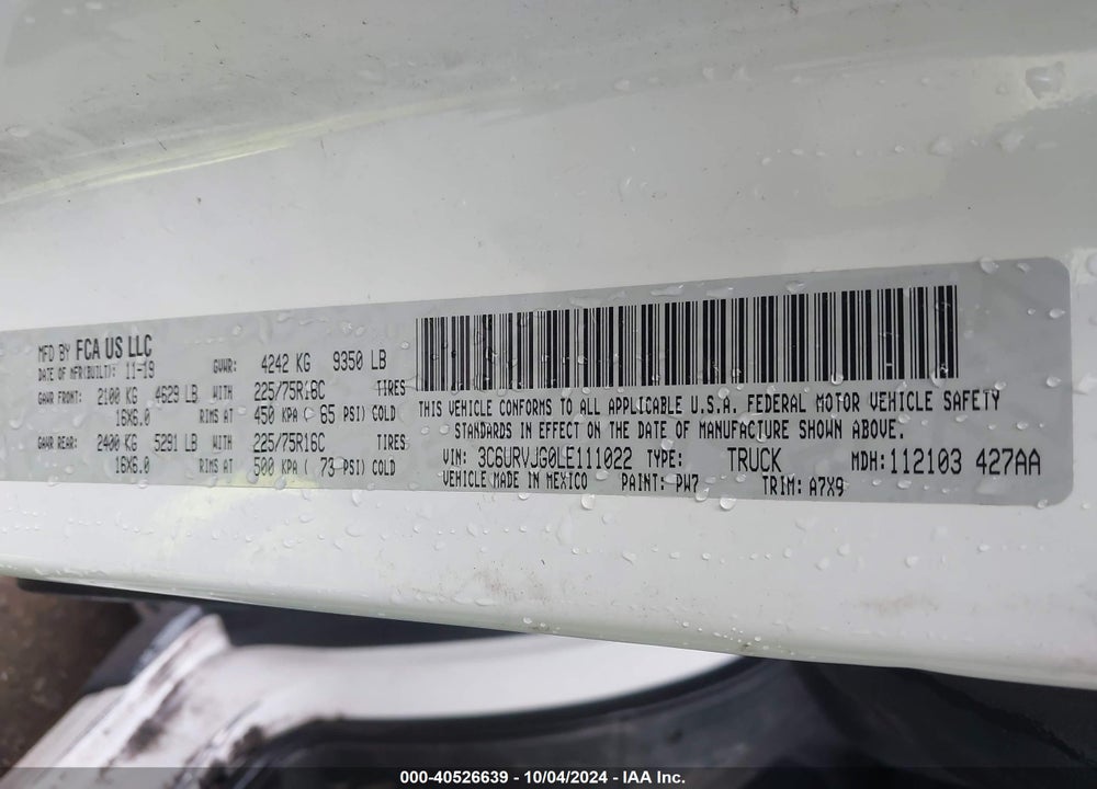 2020 RAM PROMASTER 3500 CARGO VAN HIGH ROOF 159 WB EXT VIN: 3C6URVJG0LE111022