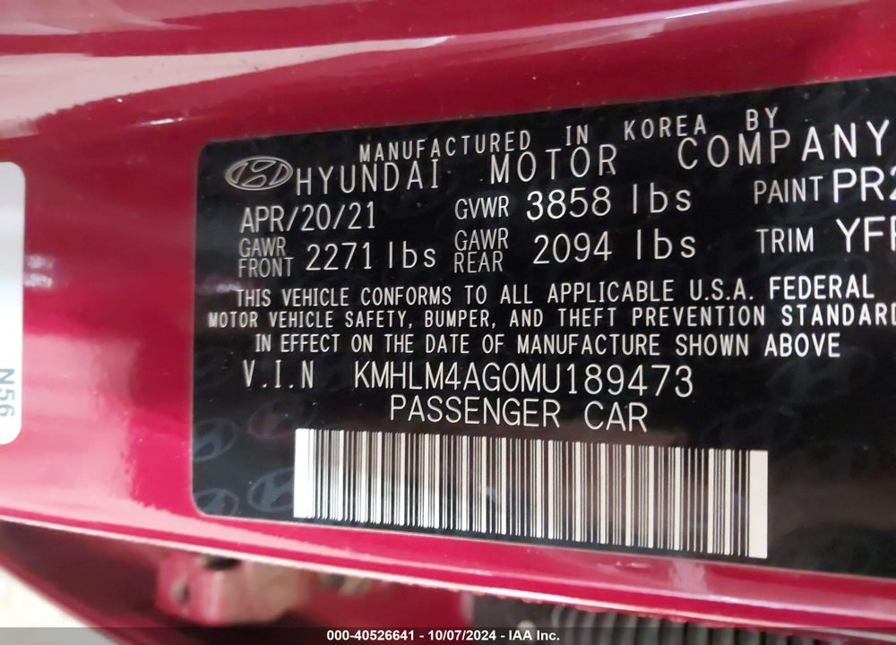 2021 HYUNDAI ELANTRA SEL VIN: KMHLM4AG0MU189473